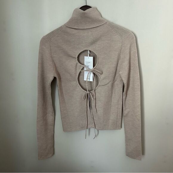 Thakoon Sweater Turtleneck Open Back Oatmeal Tan Merino Wool Casual Soft Cozy - Picture 5 of 11